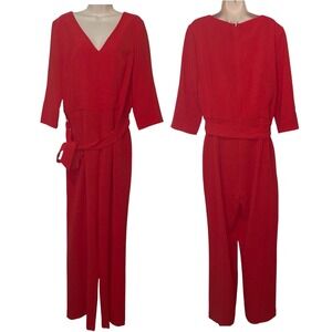 Preston & York Red women's zip Jumpsuit V-Neck 3/4 Sleeve Belted Elegant Size 16